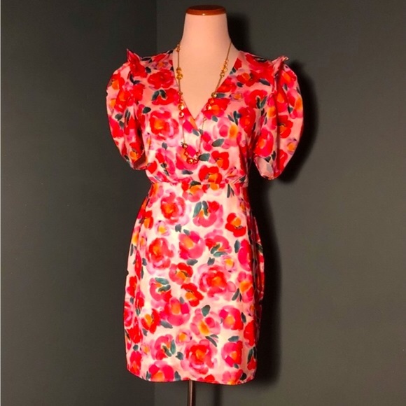 Adelyn Rea , Pauline Floral Puff Sleeve Minidress In Hot Coral, NWT - Picture 4 of 9